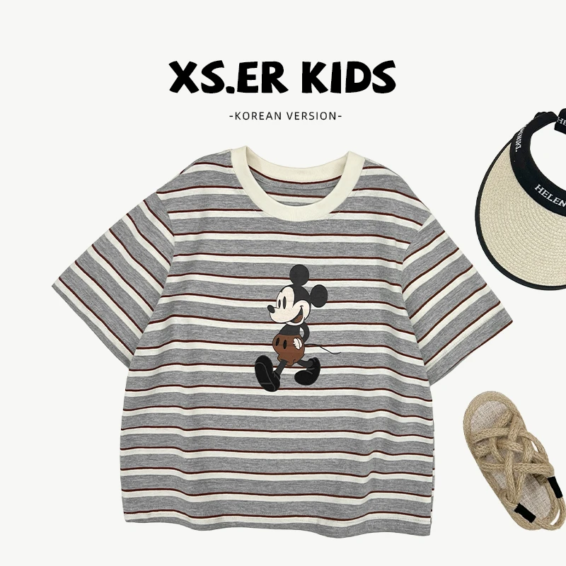 【小首尔】原版-现货-男童夏季简约卡通印花条纹百搭短袖t恤HBB7461