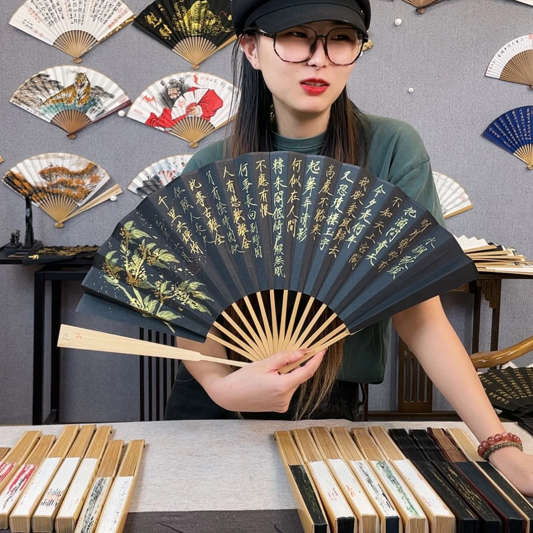 国画10寸玉竹-纯手绘-文玩扇骨（默认粘好）