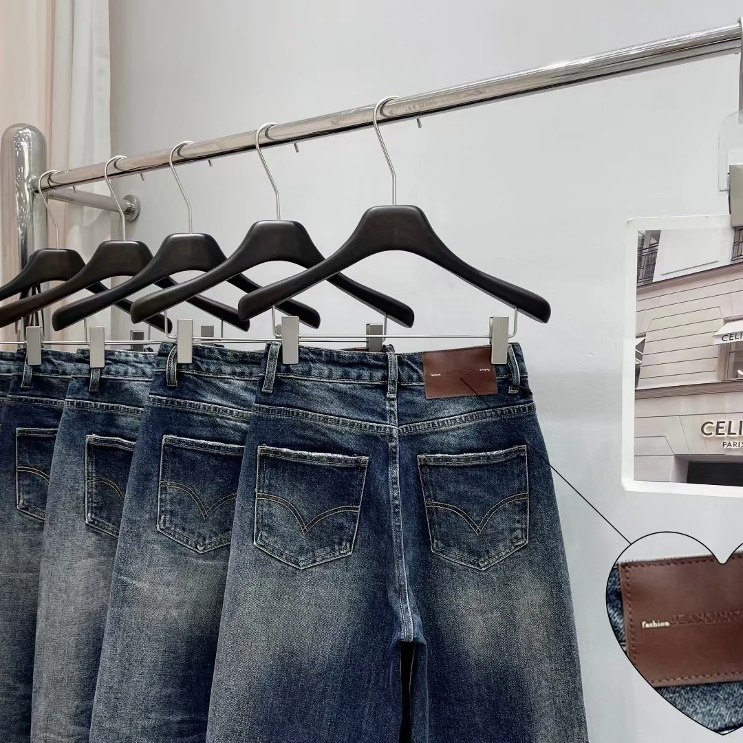 秋季新款(柒月家)高腰显瘦拖地牛仔裤复古磨破设计时尚百搭