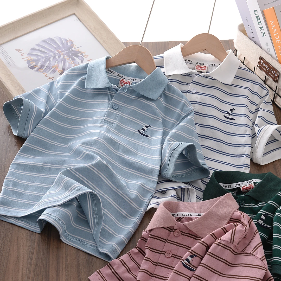 25LVS976童装学院彩条POLO衫短袖中大童5A抗菌纯棉横条百搭T恤洋