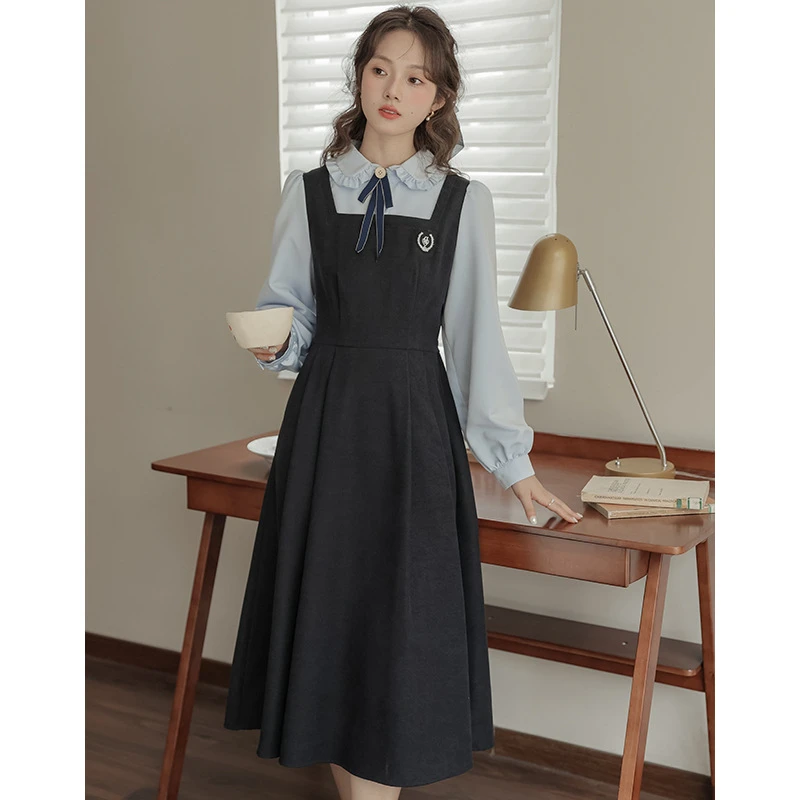 新款减龄假两件徽章美式学院风娃娃领连衣裙小个子气质领结裙子