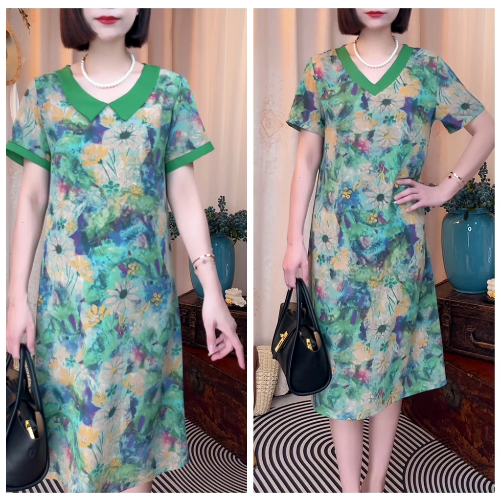 【俏大文】小雏菊夏季气质连衣裙妈妈装中老年显瘦宽松遮肚大码优雅