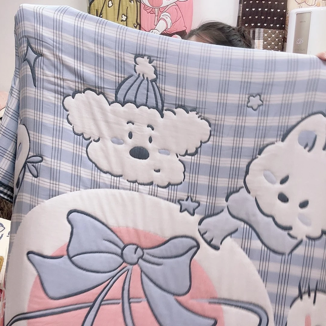 棉福利细纱泡芙被樱桃蓝格150/200