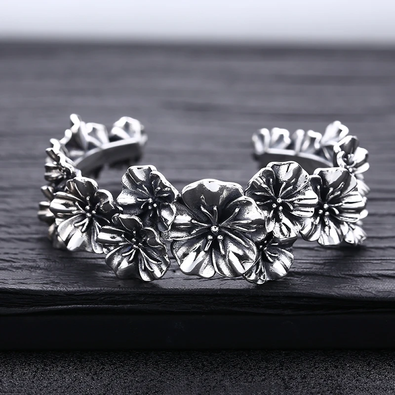 925银手镯 做旧玫瑰花开口手镯 男女同款流行饰品