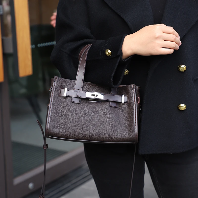 TBONNY头层牛皮凯莉2025新款时尚百搭单斜挎手提真皮女包