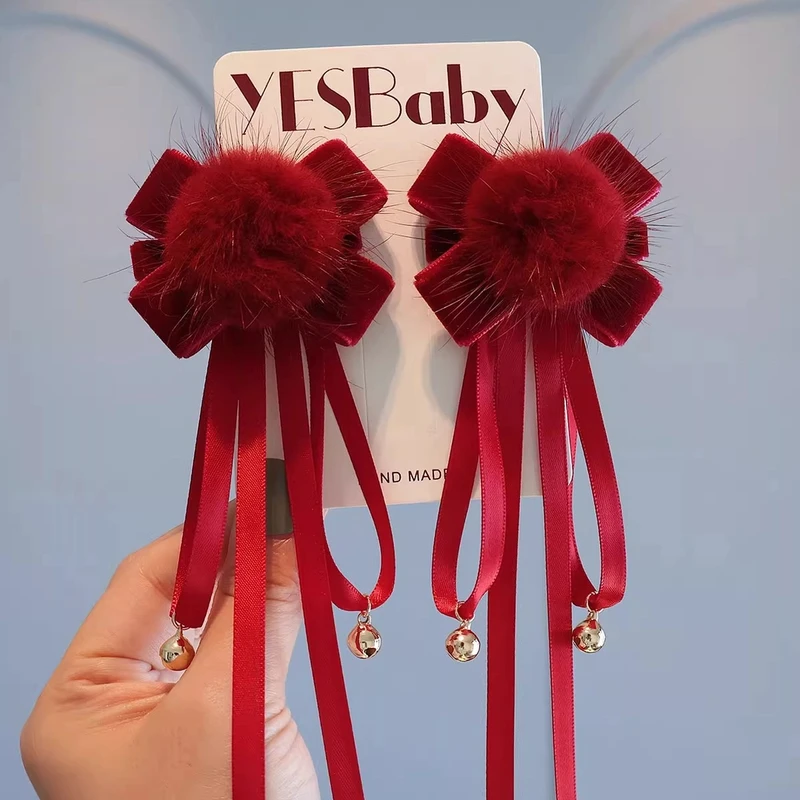 过新年喜庆汉服发夹儿童可爱毛球丝绒蝴蝶结国风飘带对夹公主头饰