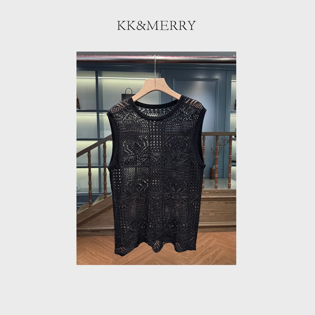 KK&MERRY时尚百搭潮流洋气镂空刺绣圆领套头无袖针织衫KDKW883