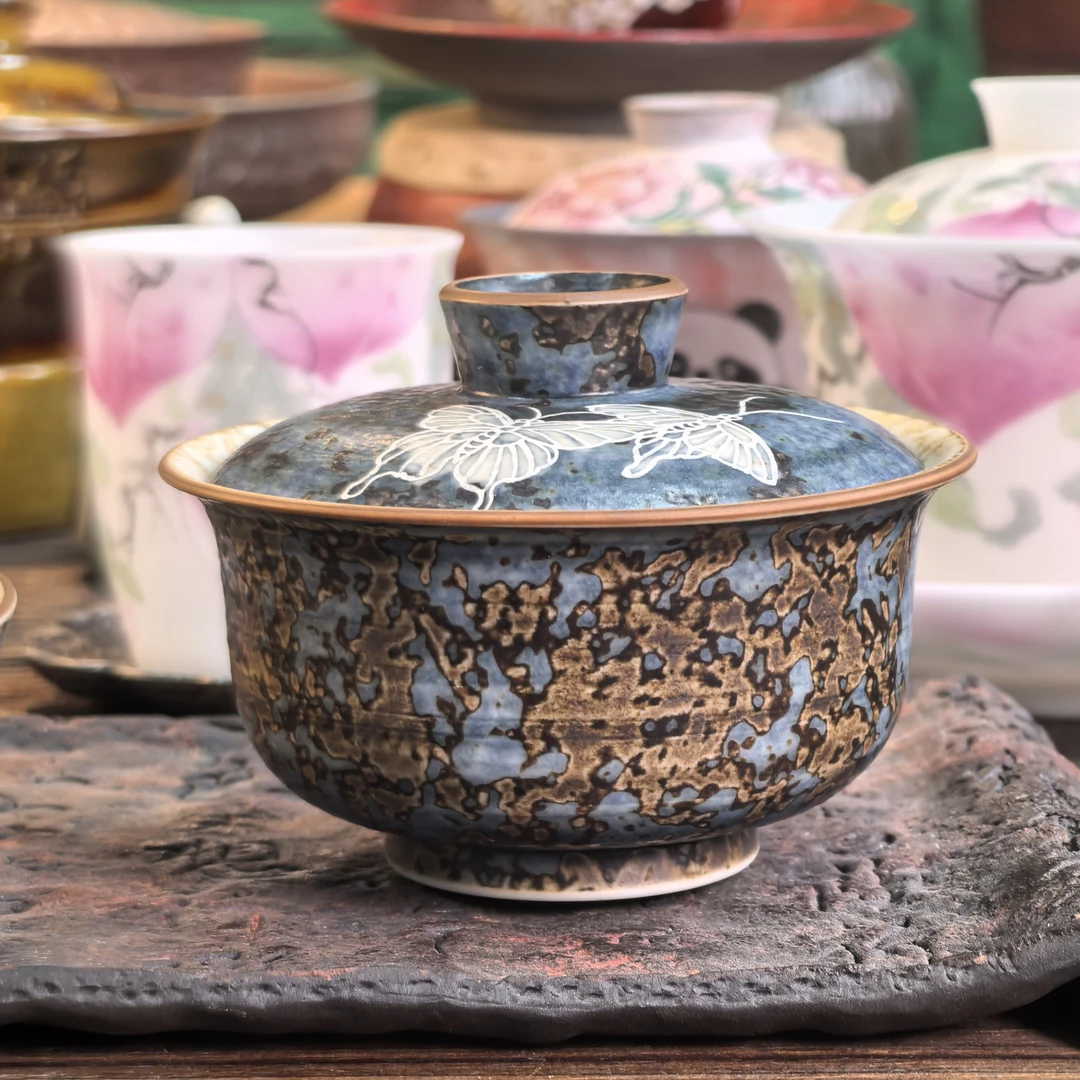 茶禾 景德镇青花手绘秋语蝴蝶盖碗