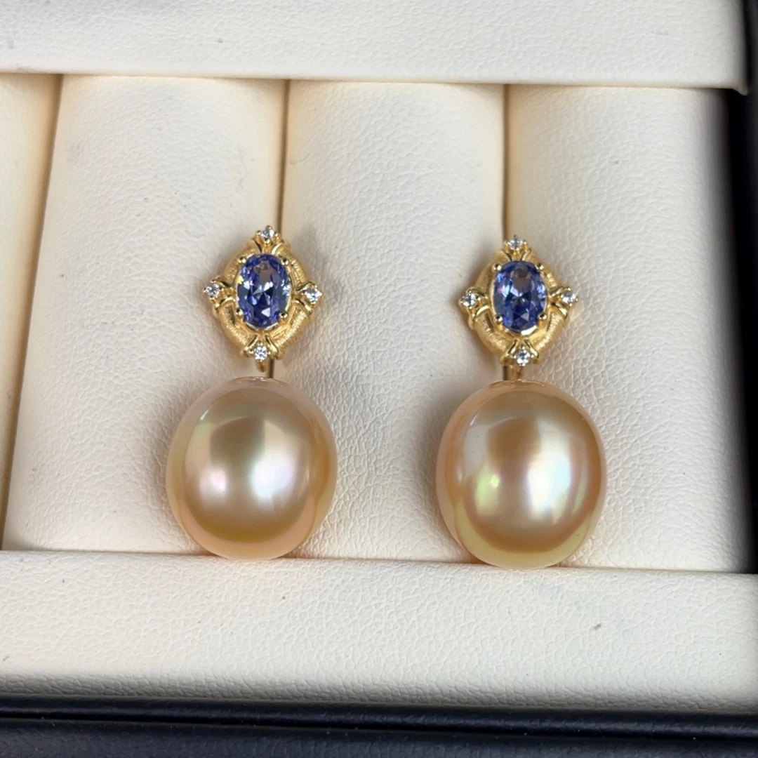 定制海水珍珠裸珠银S925镀金镶嵌12.5mm南洋金珠