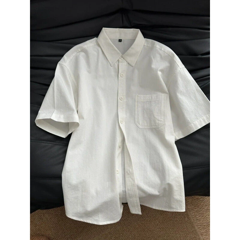 纯白色纯棉工装短袖衬衫男款夏季日系复古穿搭休闲衬衣高级感外套