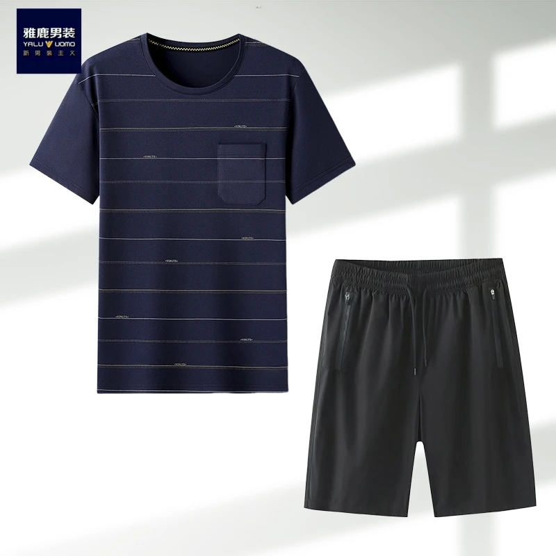 【父亲节冰丝套装】男士中年口袋短袖条纹圆领T恤t恤透气夏季薄款