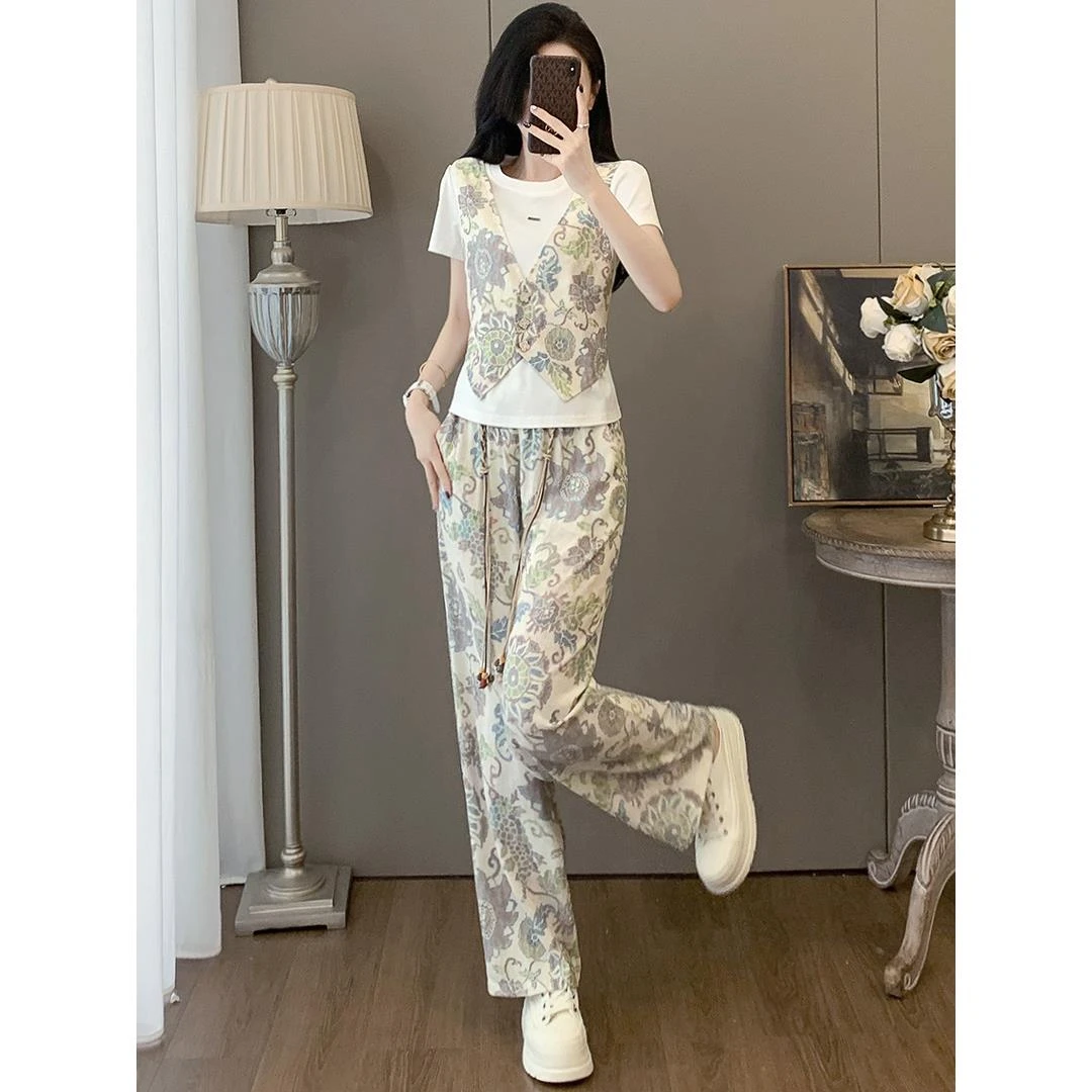 巨好看的运动套装女夏季独特漂亮假两件上衣花色阔腿裤休闲两件套