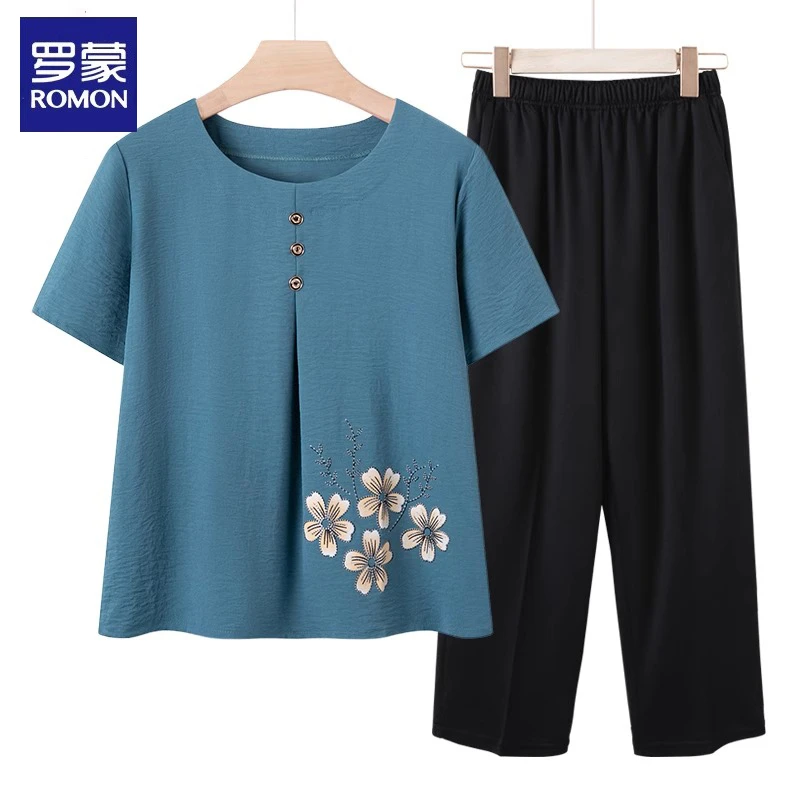 罗蒙妈妈夏装套装2025新款中老年人女夏季短袖老太太奶奶装衣服薄