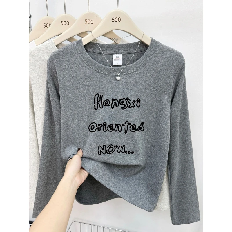 韩版时尚字母印花长袖t恤女秋冬季胖mm大码圆领打底衫正肩上衣服