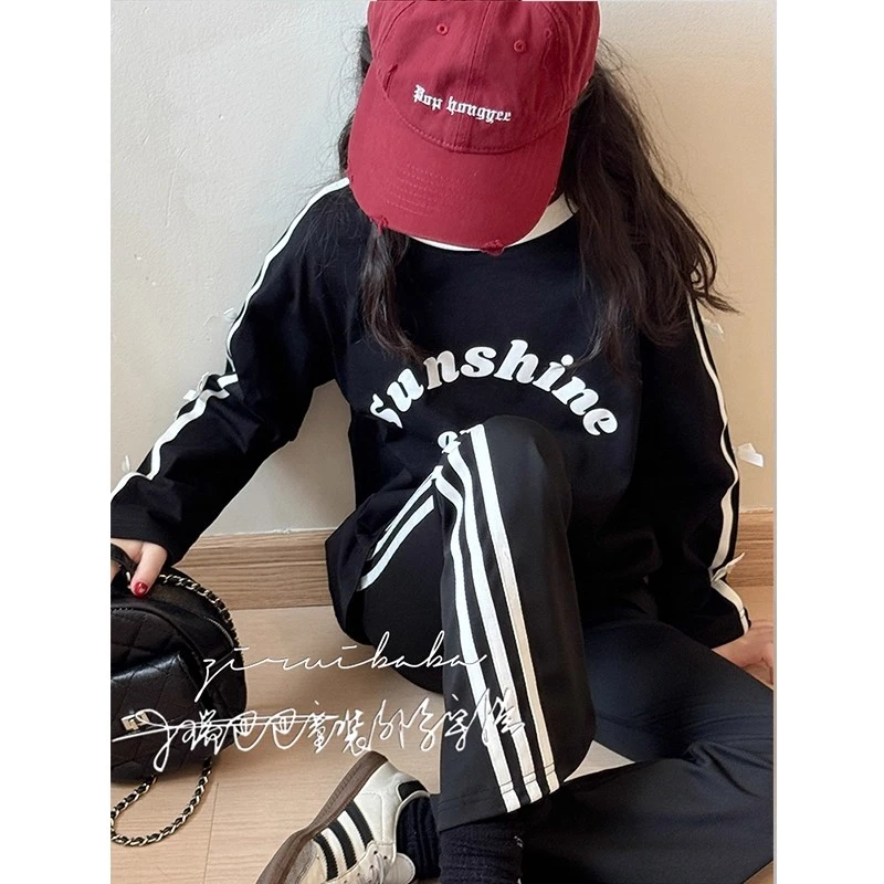 女童黑色套装2025新款女孩秋季韩系长袖上衣打底衫儿童洋气瑜伽裤