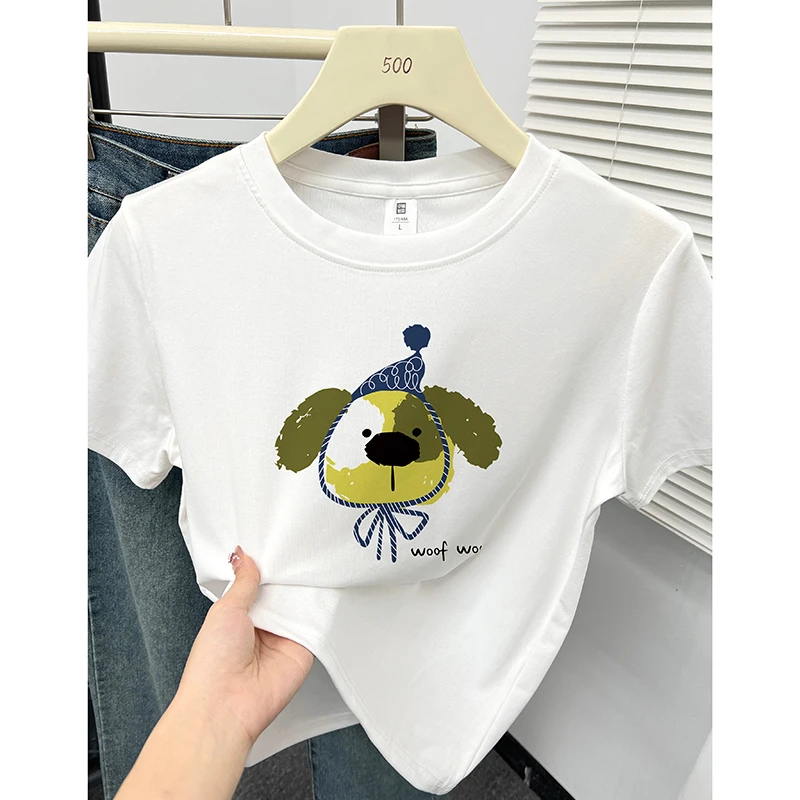 白色正肩短袖t恤女夏新款韩系ins卡通洋气印花休闲大码圆领上衣潮