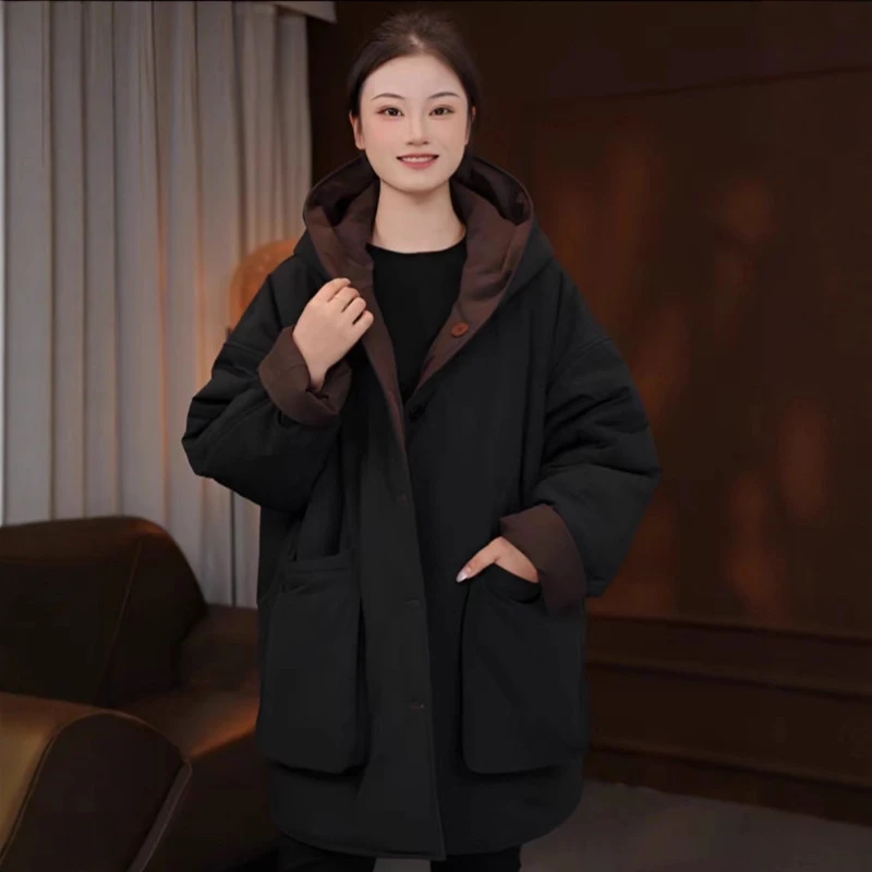 宽松大板型女棉衣外套秋冬季新款百搭两面穿大口袋休闲中长款棉服