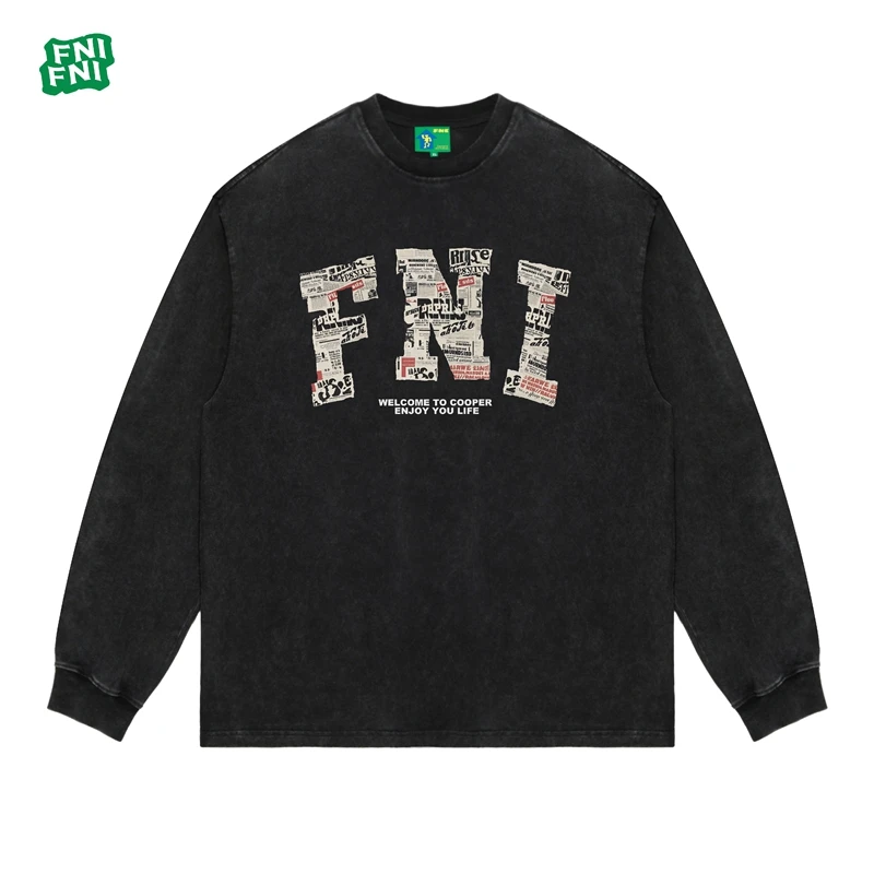 FNI国潮重磅纯棉（报纸基础款）男女同款t恤美式圆领长袖新款直喷