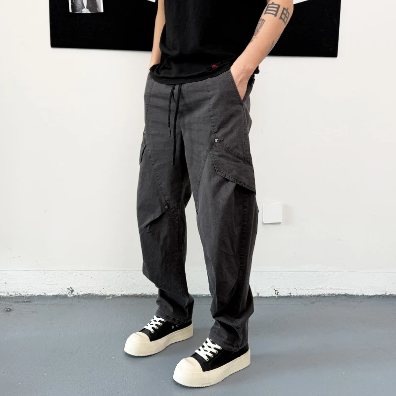 2025春季新款褶皱宽松工装裤休闲裤男女直筒伞兵裤解构设计痞帅款