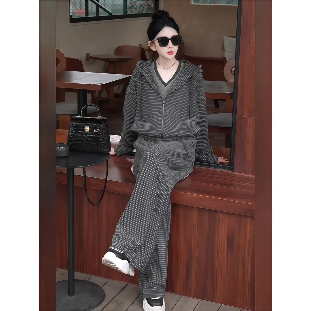 网红洋气条纹卫衣休闲运动套装女秋冬百搭老钱风气质显瘦时尚裤子