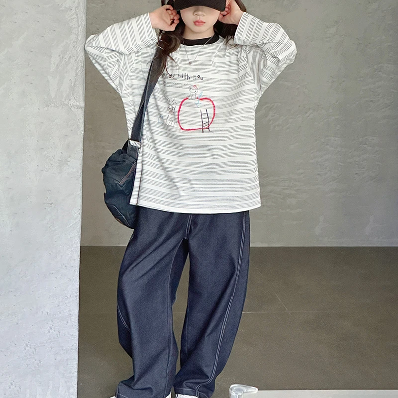 女大童长袖t恤春秋款女童薄款长袖女孩秋款条纹打底衫中大童上衣