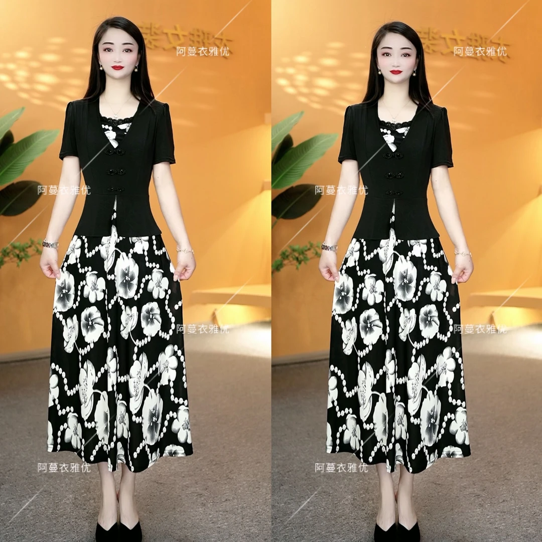 【衣雅严选】8202-1454#新款冰雪丝弹力缎钉珠盘扣假两件连衣裙