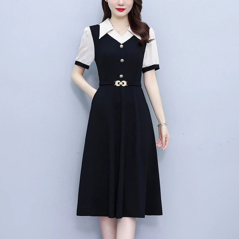 2025夏季女装条纹西服领拼色时尚气质遮肉显瘦中年妈妈连衣裙中裙