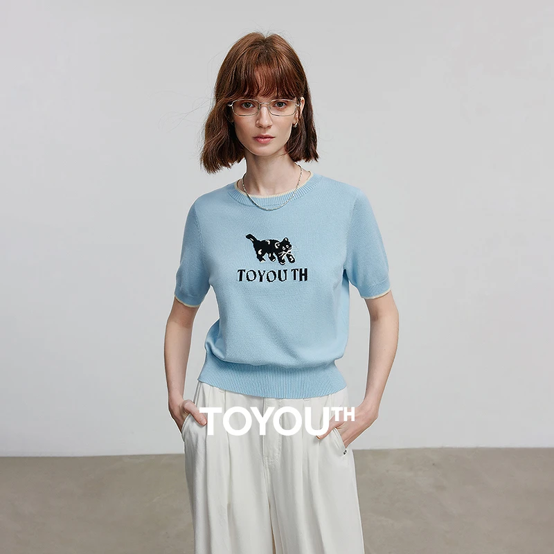 【欧若风穿搭】初语猫咪提花圆领针织衫女2025撞色编织休闲T恤上衣