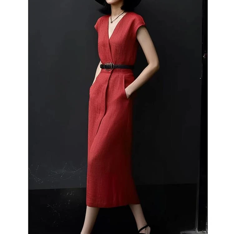 欧货复古高端女神范收腰显身材红色短袖长款连衣裙女显瘦气质轻奢