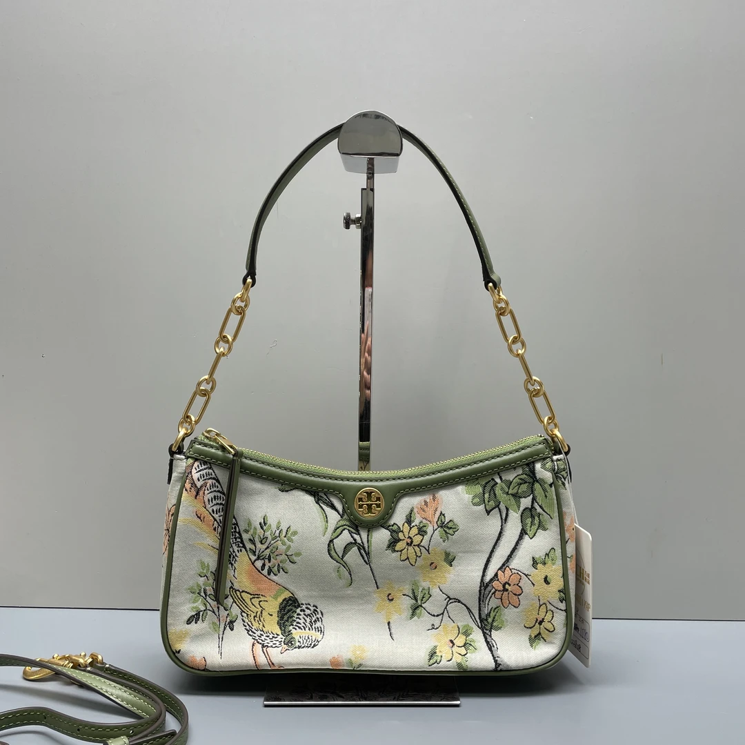 95新 TORY BURCH/汤丽柏琦 绿色花卉腋下包26*14*6cmM022808