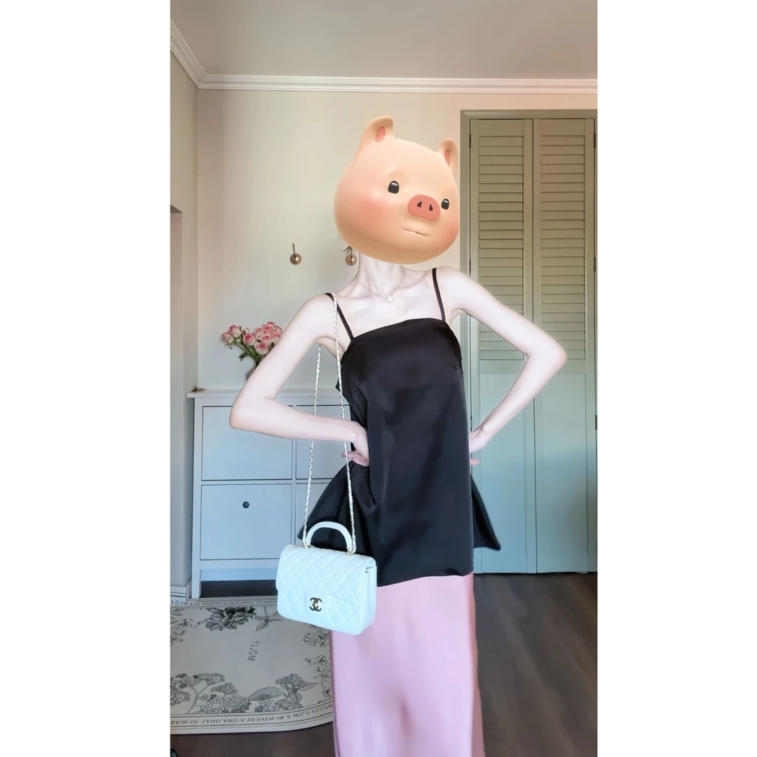 甜辣黑色简约露背吊带背心气质粉色缎面鱼尾显瘦显高半裙套装5255