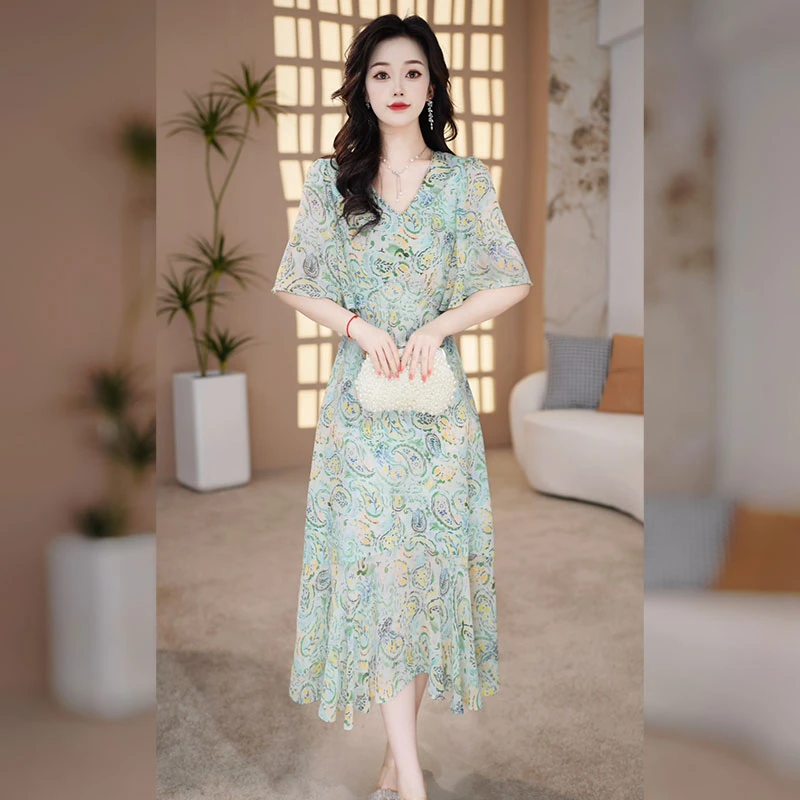 【千羽】纱料碎花连衣裙女夏季2025新款十三行高端气质妈妈礼服裙子