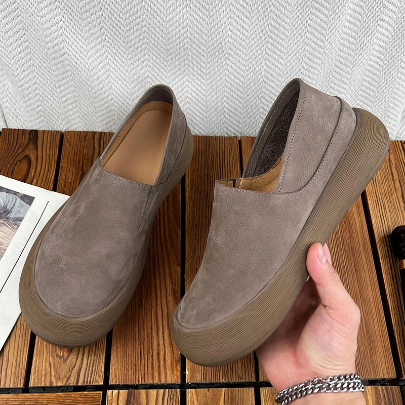 头层牛皮休闲懒人鞋一脚蹬乐福鞋豆豆鞋圆头百搭单鞋厚底美式简约