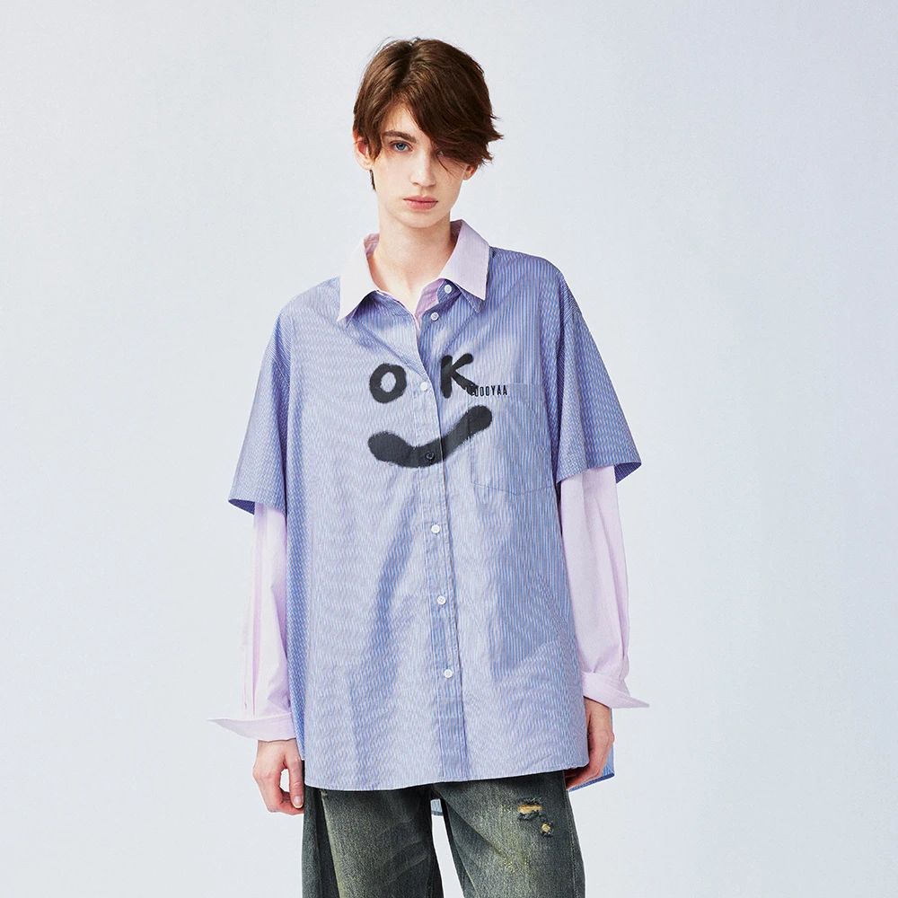 UOOYAA/乌丫2025春新款「随便穿」粉蓝撞色叠穿衬衫UY25162C135146