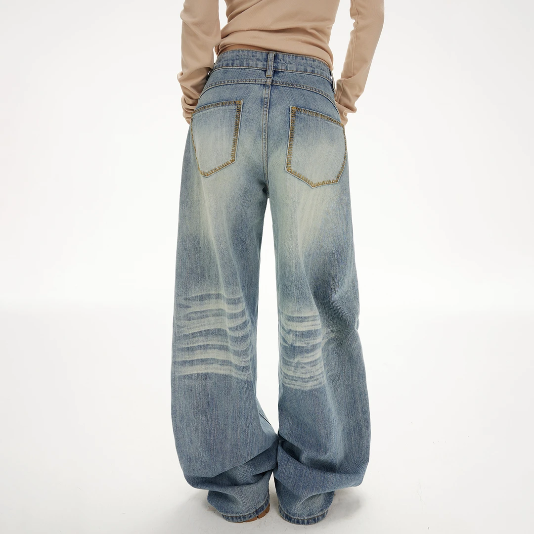 GL 森系韩版美式复古怀旧宽松阔腿秋冬高腰百搭垂感直筒牛仔裤女