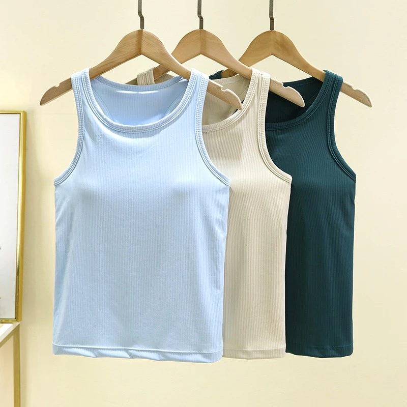 瑜伽服女跨境新款无袖长款工字背背心跑步运动带胸垫健身服上衣