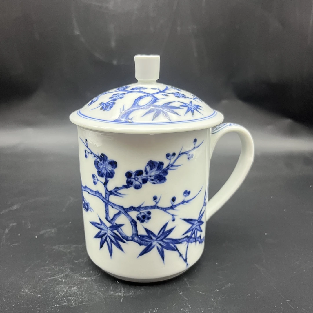 景德镇手绘青花主人杯老板杯喜上眉梢城芯堂带盖茶杯陶瓷