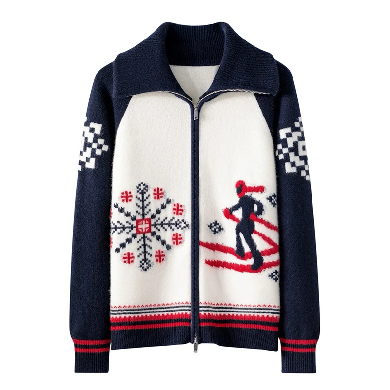 费儿岛复古提花山羊绒雪橇圣诞款开衫翻领拉链针织外套女