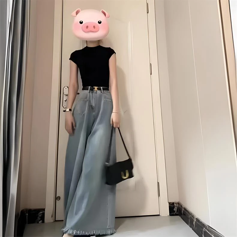 套装女夏新款纯欲风修身短袖针织上衣高腰显瘦牛仔阔腿裤两件套女