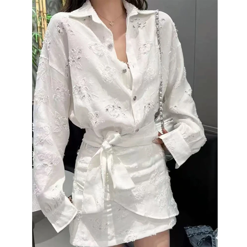 法式重工立体镂空提花绑带气质衬衣裙女春季新款设计感白色连衣裙