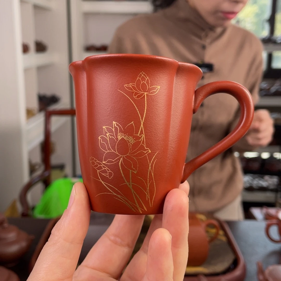 紫砂茶壶朱泥描金海棠杯100cc