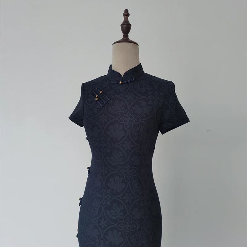百馨香/一顾再顾旗袍连衣裙2025新款改良日常复古蓝色短袖年轻版