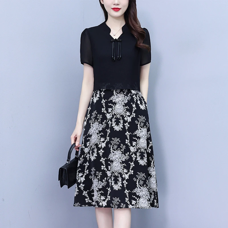 大码国风改良旗袍连衣裙女2025夏季新款高端气质雪纺假两件连衣裙