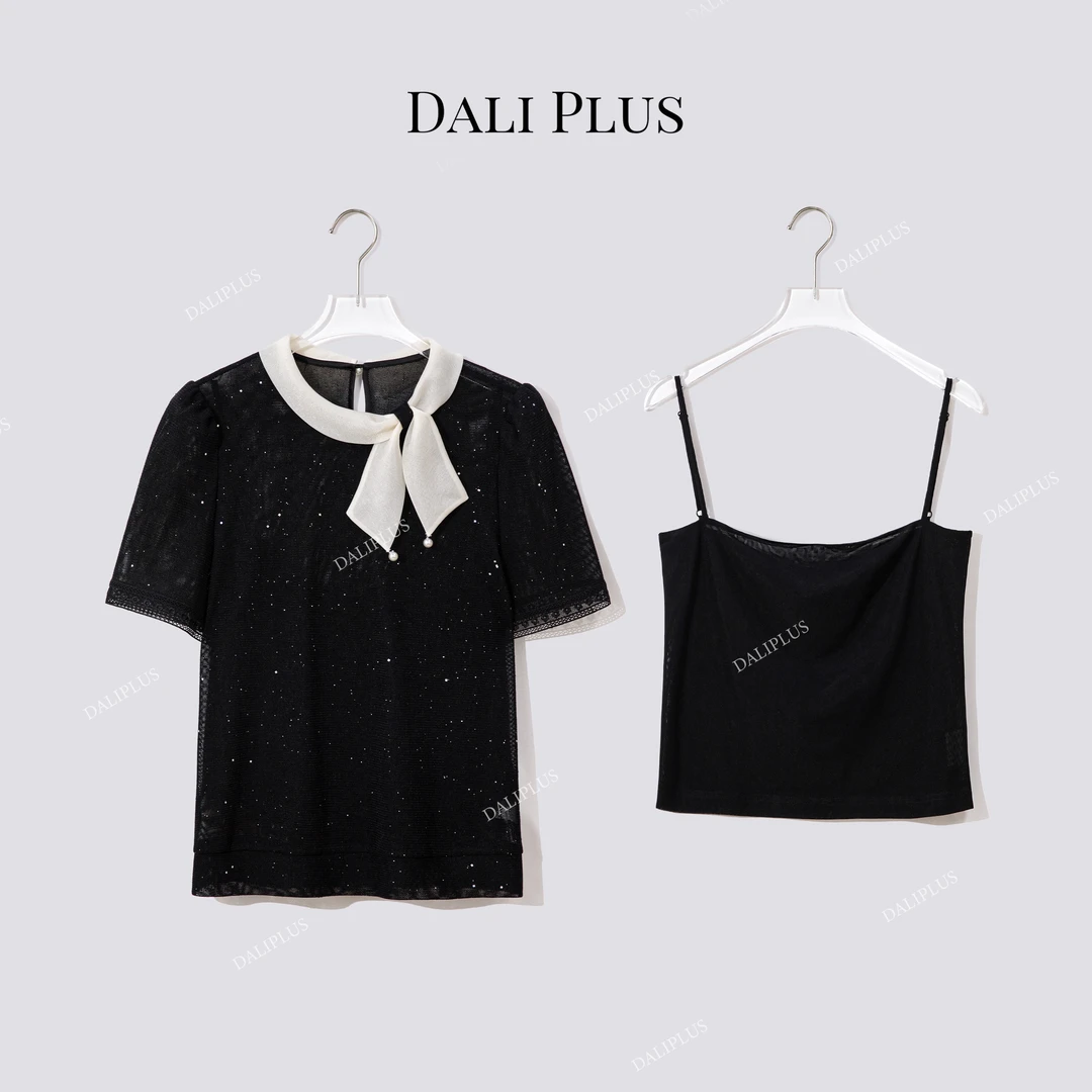 DALI PLUS“侧边优雅领结”网纱黑闪短袖上衣-D5LT2119