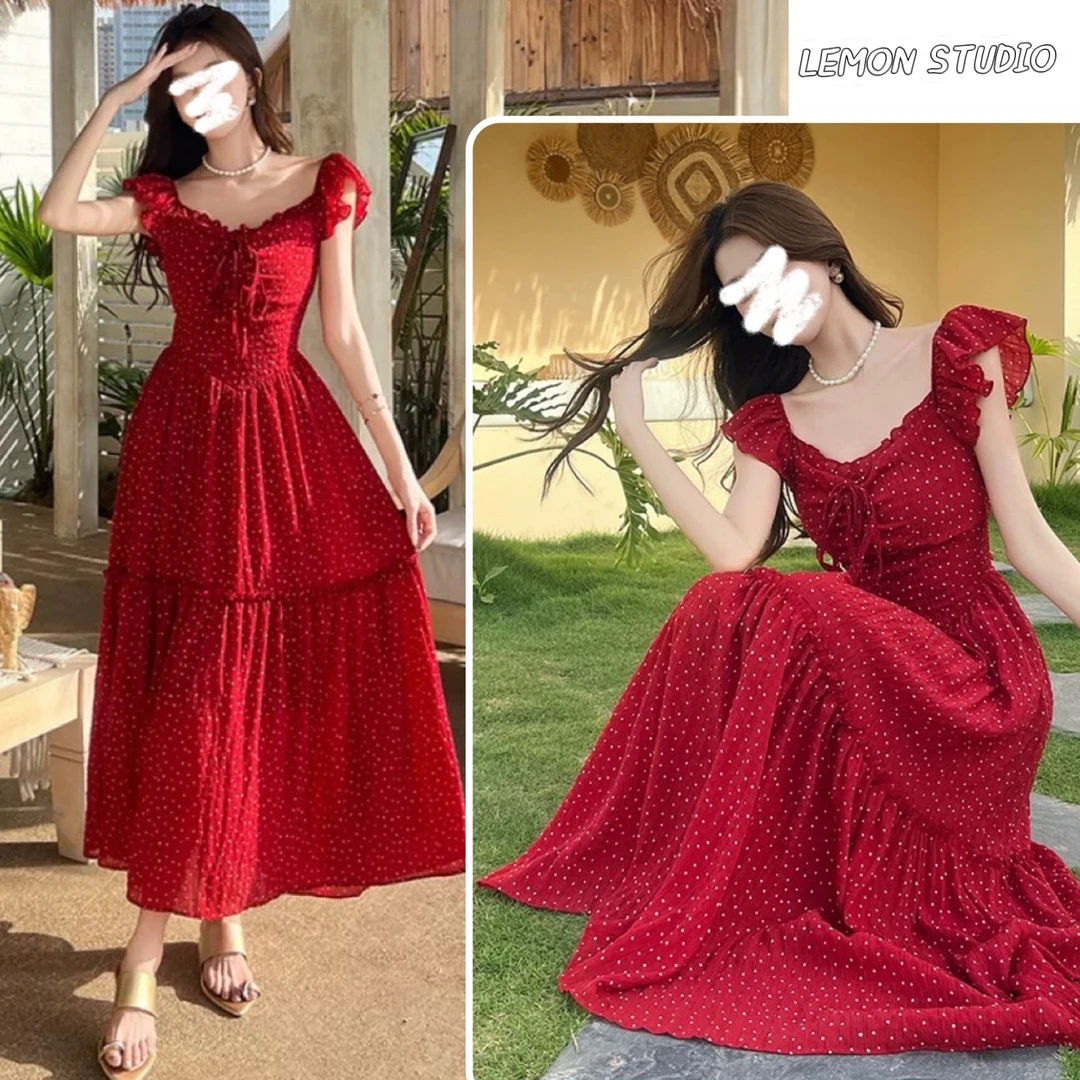 法式浪漫红色小飞袖露背连衣裙女显瘦温柔百搭海边度假连衣裙显白