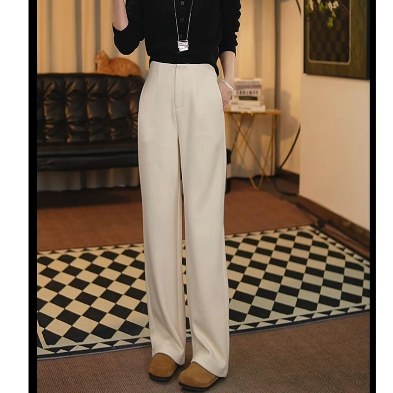 白色毛呢窄版阔腿裤秋冬高腰垂感显瘦百搭直筒休闲裤拖地长裤