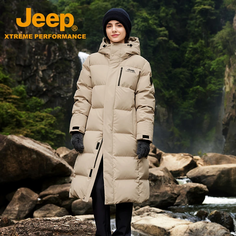 JEEP/吉普长款时尚户外连帽中长款加厚防风情侣保暖羽绒服