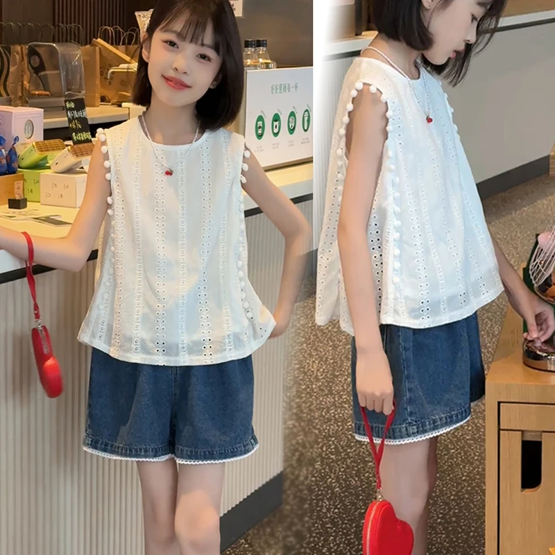 女童夏季套装2025新款儿童洋气无袖上衣中大童牛仔短裙裤两件套薄