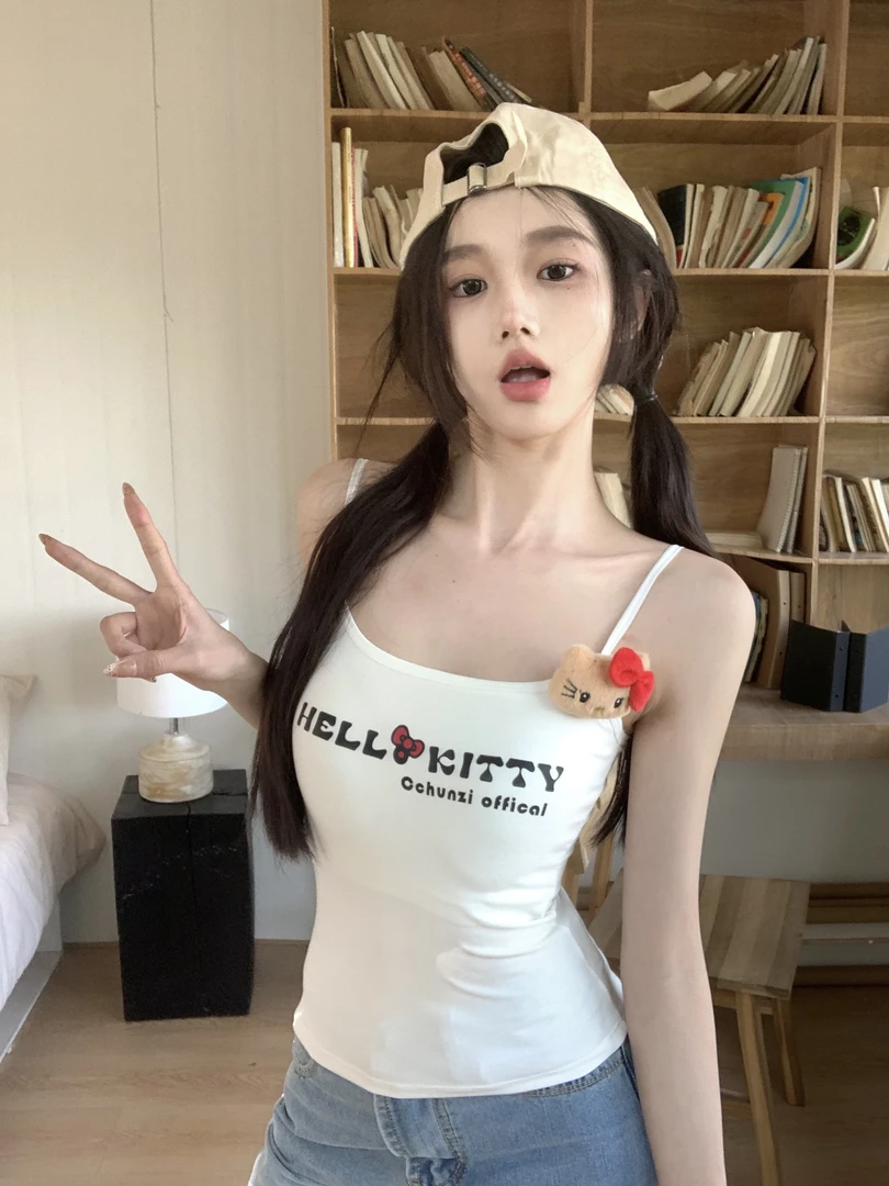 猫咪美式复古设计感字母吊带背心上衣女性感辣妹通勤修身显瘦