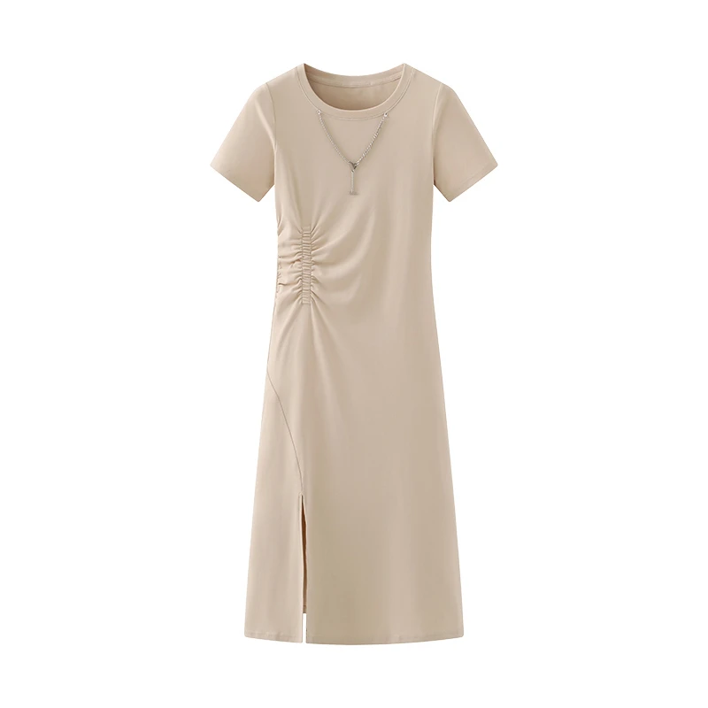 圆领侧褶皱开叉短袖连衣裙女收腰百搭纯色显瘦长款T恤裙